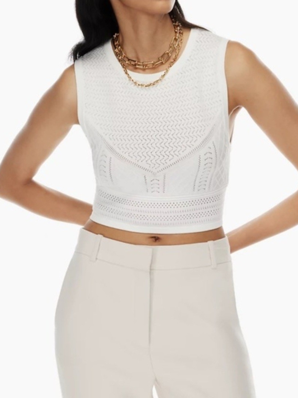 Babaton White Sleeveless Crochet Knit Crop Top Pointelle Tank Layer Fall Autumn